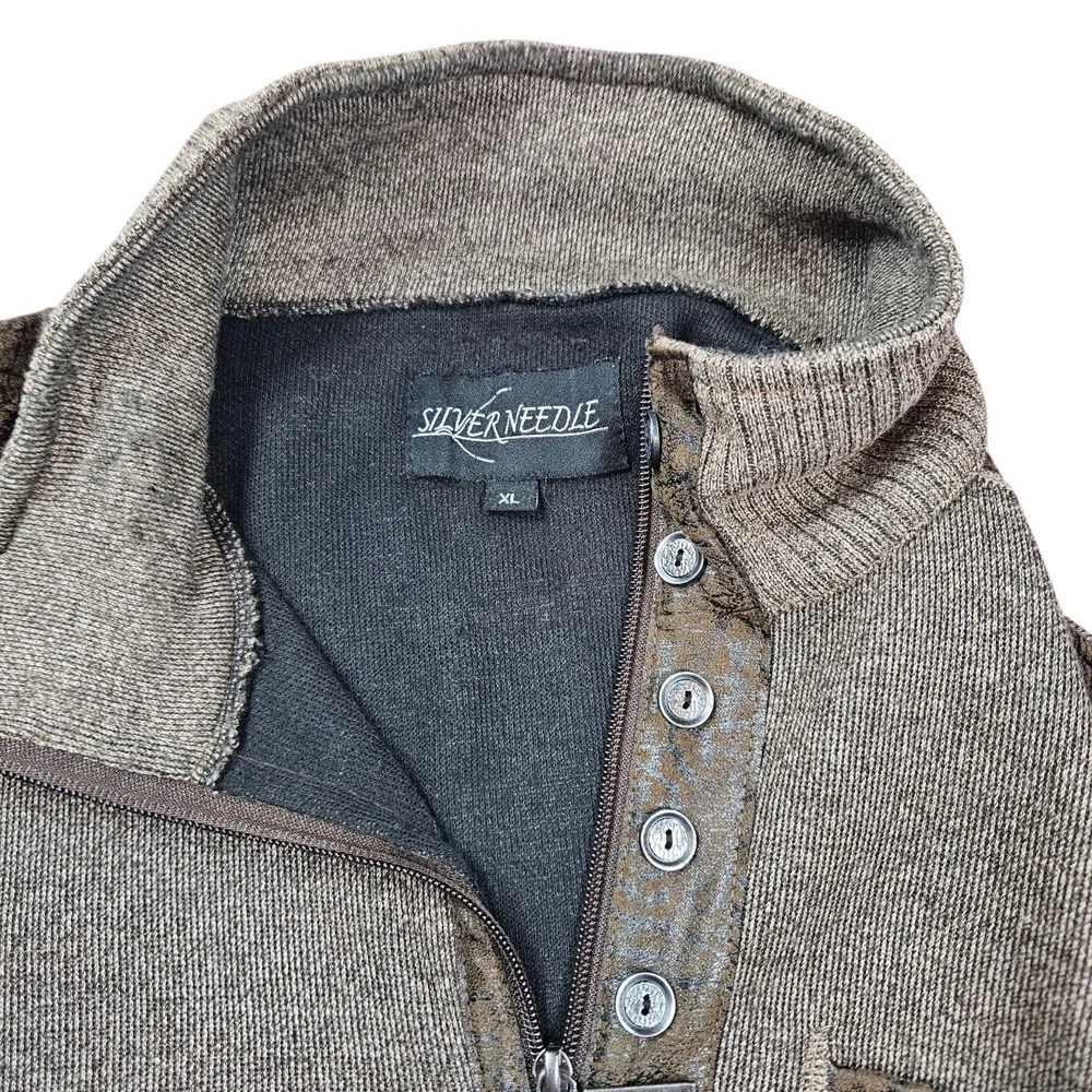 Silver Needle Sweater Mens XL 1/4 Zip Pullover High Neck Gray W/ Brown Accents‎